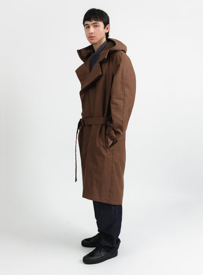 Trench Coat with Crossed Collar in Tobacco Waterproof 100% Linen Canvas