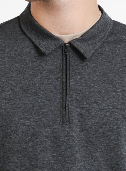 Long Sleeve Zipped Poloshirt in Heather Dark Grey Technical Knit