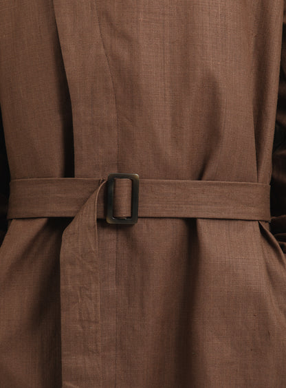 Trench Coat with Crossed Collar in Tobacco Waterproof 100% Linen Canvas