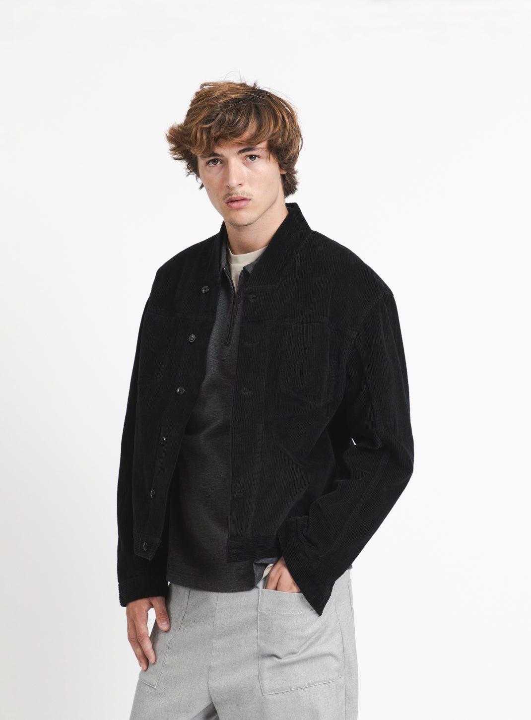 False Collar Jacket in Black Corduroy