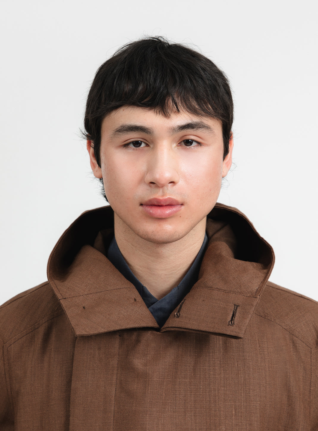 Trench Coat with Crossed Collar in Tobacco Waterproof 100% Linen Canvas