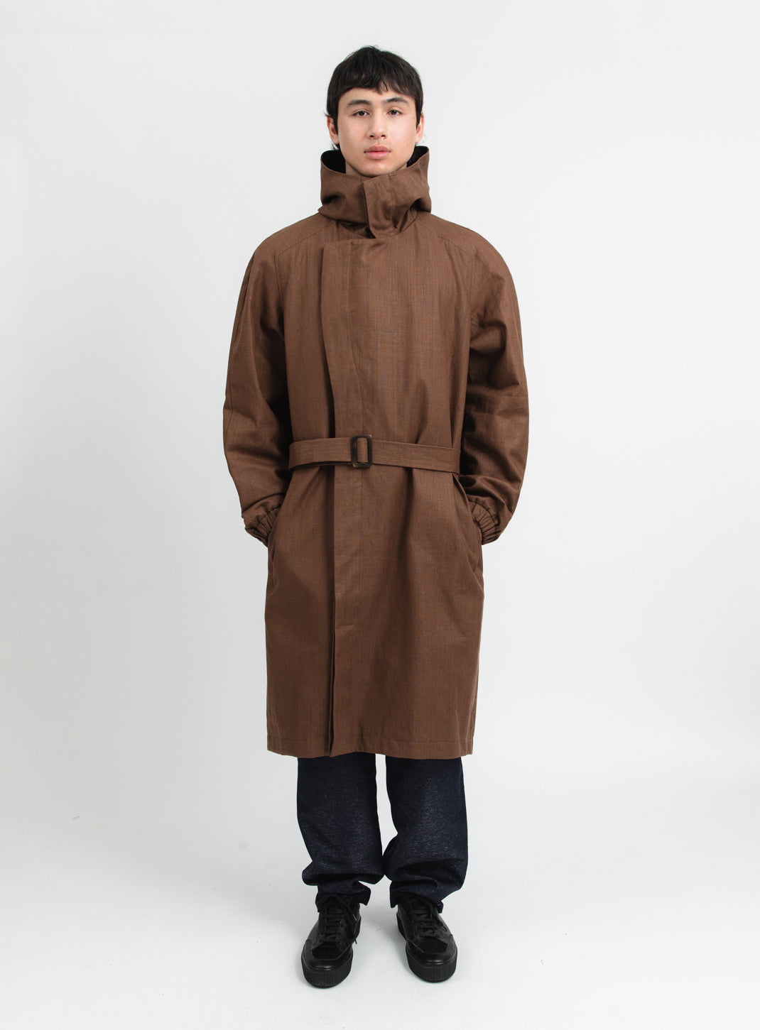 Trench Coat with Crossed Collar in Tobacco Waterproof 100% Linen Canvas