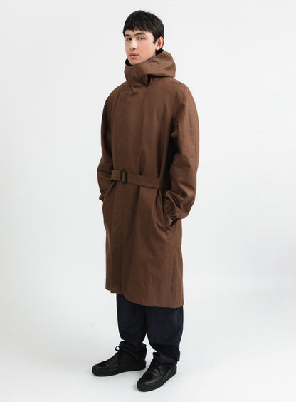 Trench Coat with Crossed Collar in Tobacco Waterproof 100% Linen Canvas
