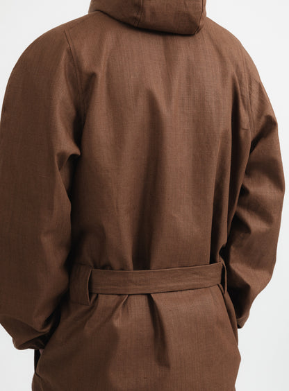 Trench Coat with Crossed Collar in Tobacco Waterproof 100% Linen Canvas