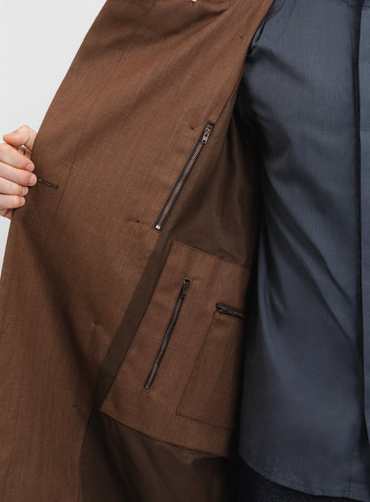 Trench Coat with Crossed Collar in Tobacco Waterproof 100% Linen Canvas