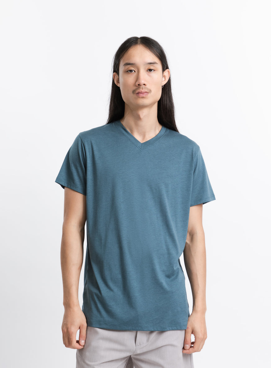 V Neck Short Sleeve T-Shirt in Petrol Blue Eucalyptus & Cotton