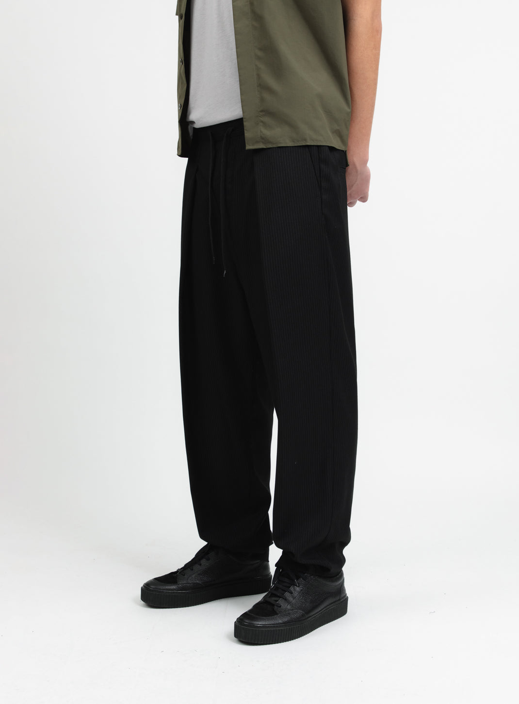 Lace Waist Pants with Deep Pleats in Black Fine Stripe Serge