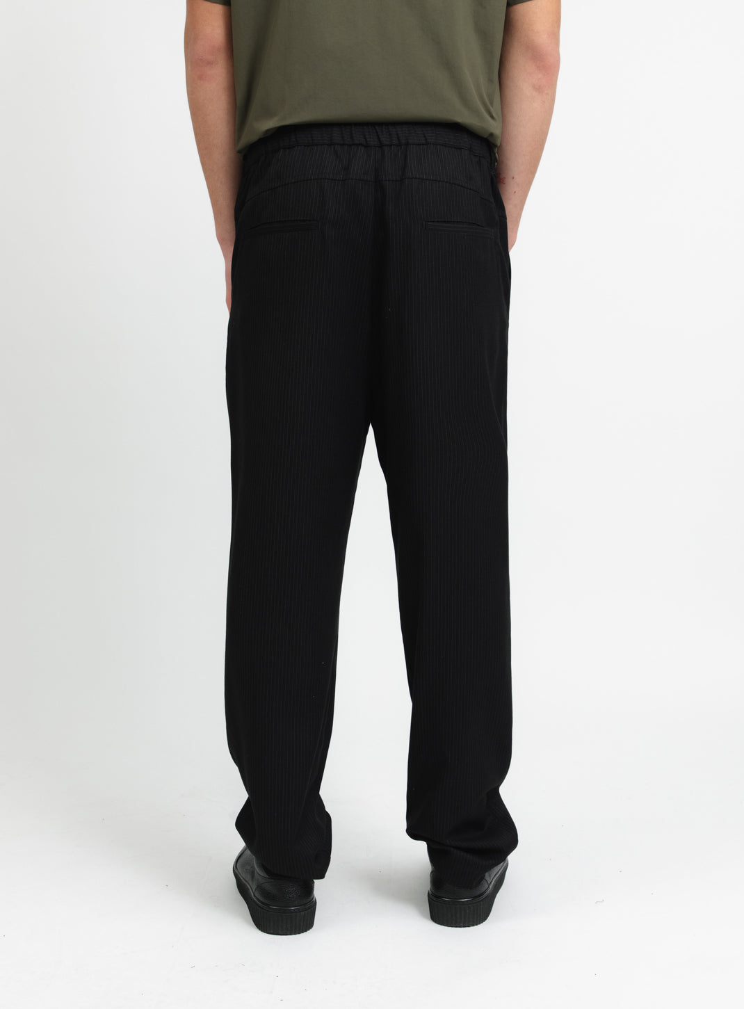 Lace Waist Pants with Deep Pleats in Black Fine Stripe Serge
