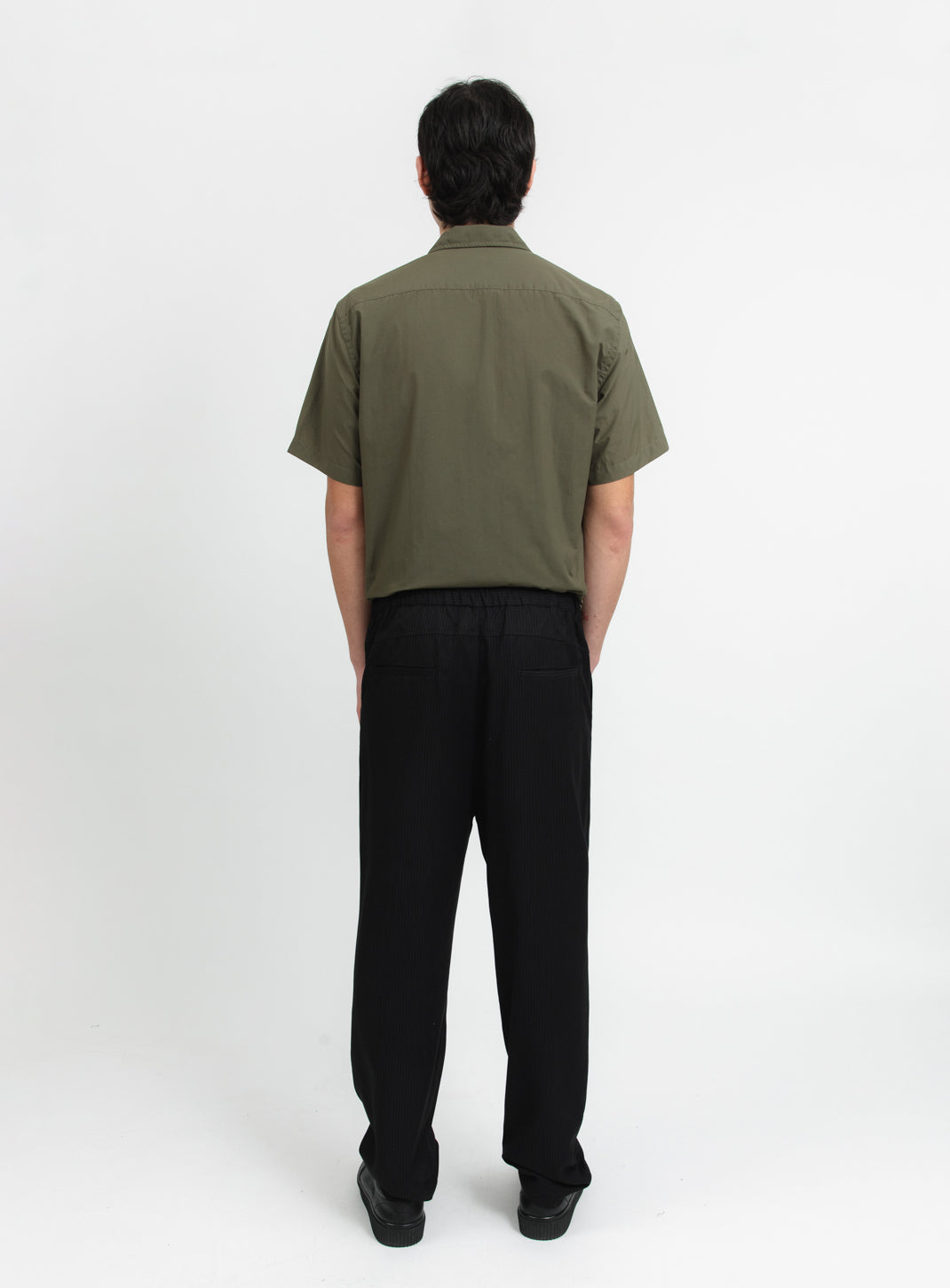 Lace Waist Pants with Deep Pleats in Black Fine Stripe Serge