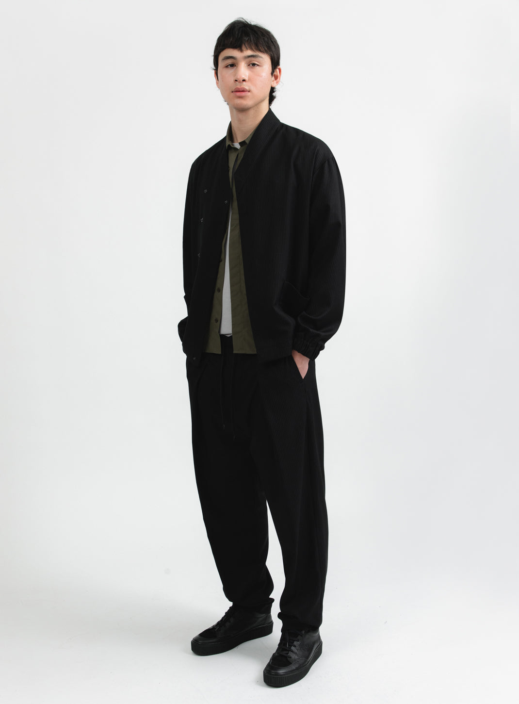 Kimono Bomber Jacket in Black Fine Stripe Serge
