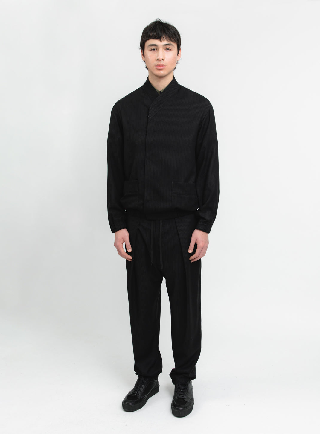 Kimono Bomber Jacket in Black Fine Stripe Serge