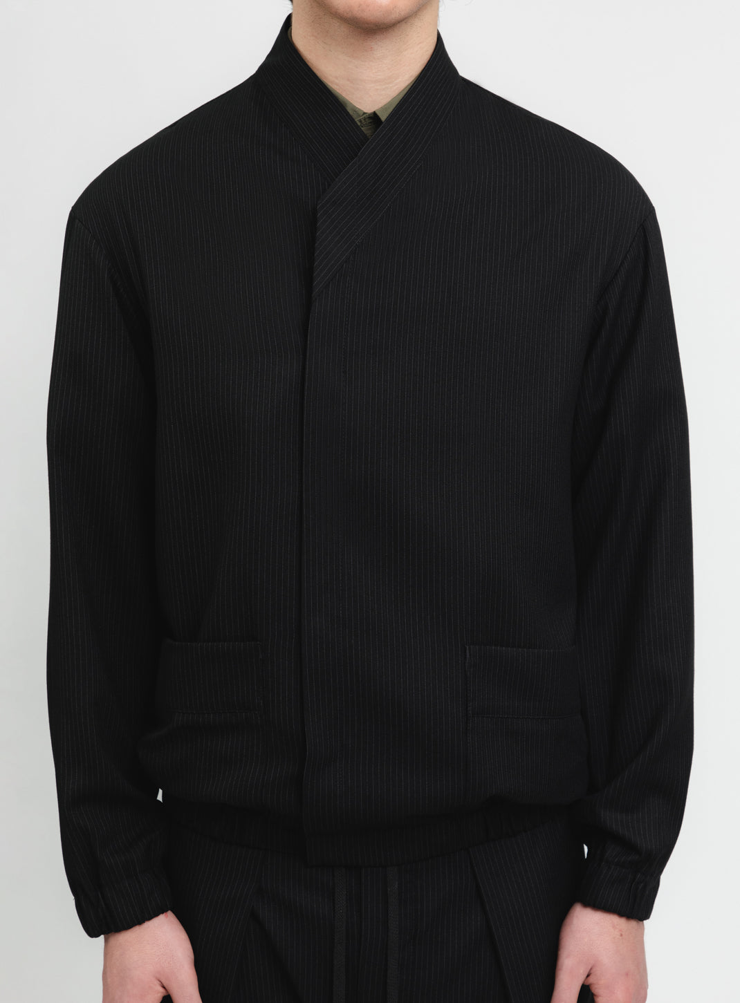 Kimono Bomber Jacket in Black Fine Stripe Serge