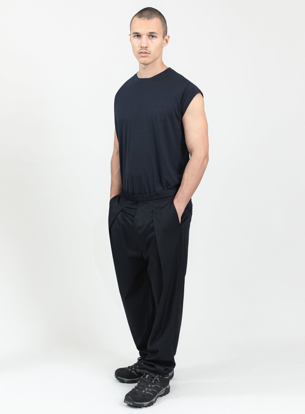 Lace Waist Pants with Deep Pleats in Navy Blue Serge
