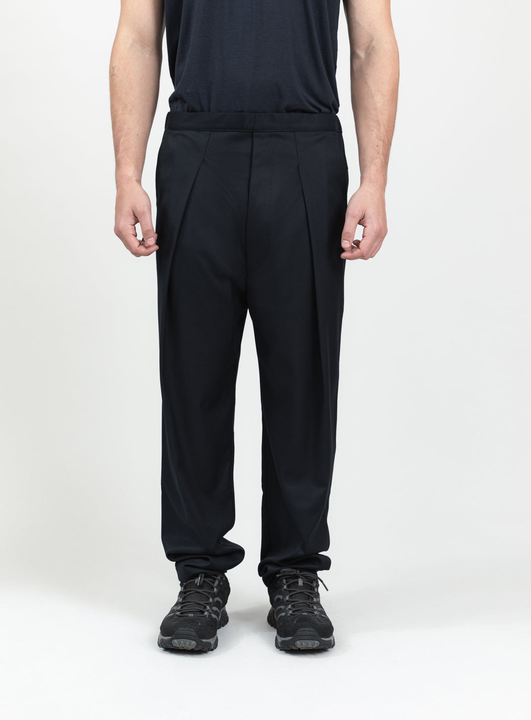 Lace Waist Pants with Deep Pleats in Navy Blue Serge