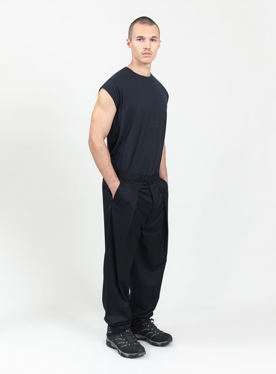 Lace Waist Pants with Deep Pleats in Navy Blue Serge