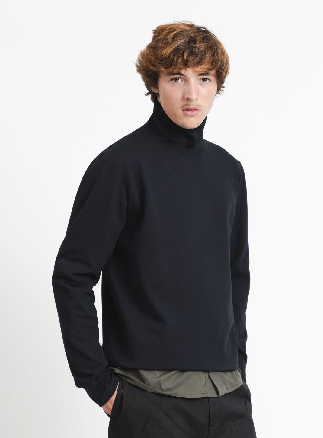 Ribbed High Neck Sweatshirt in Navy Blue Technical Knit