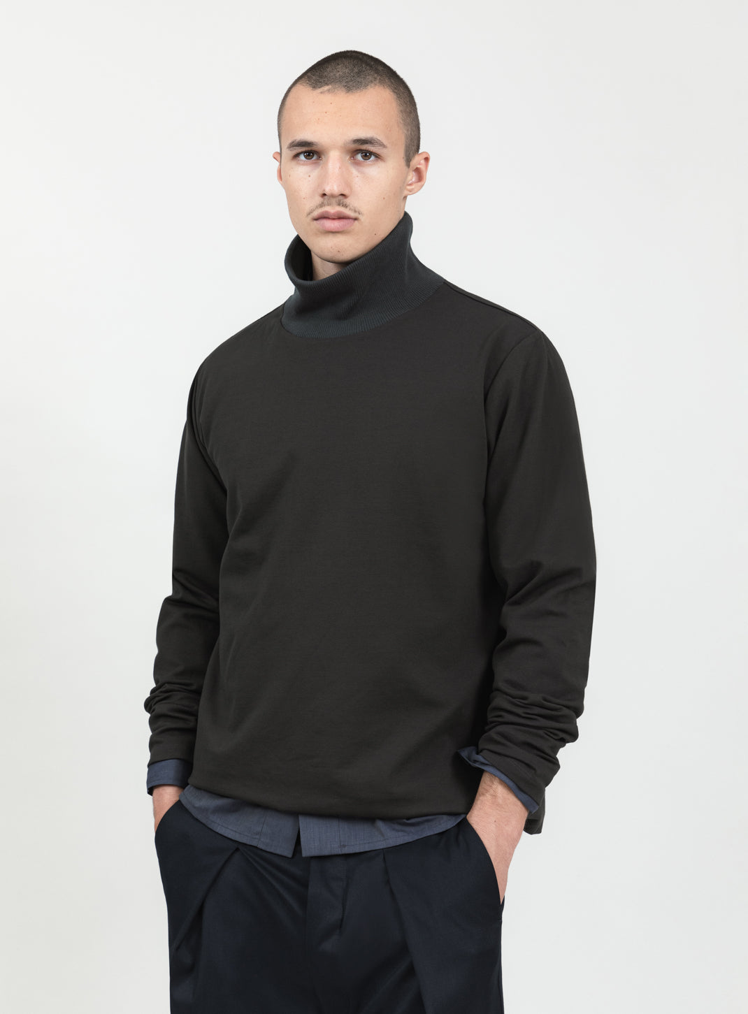 Ribbed High Neck Sweatshirt in Olive Technical Knit