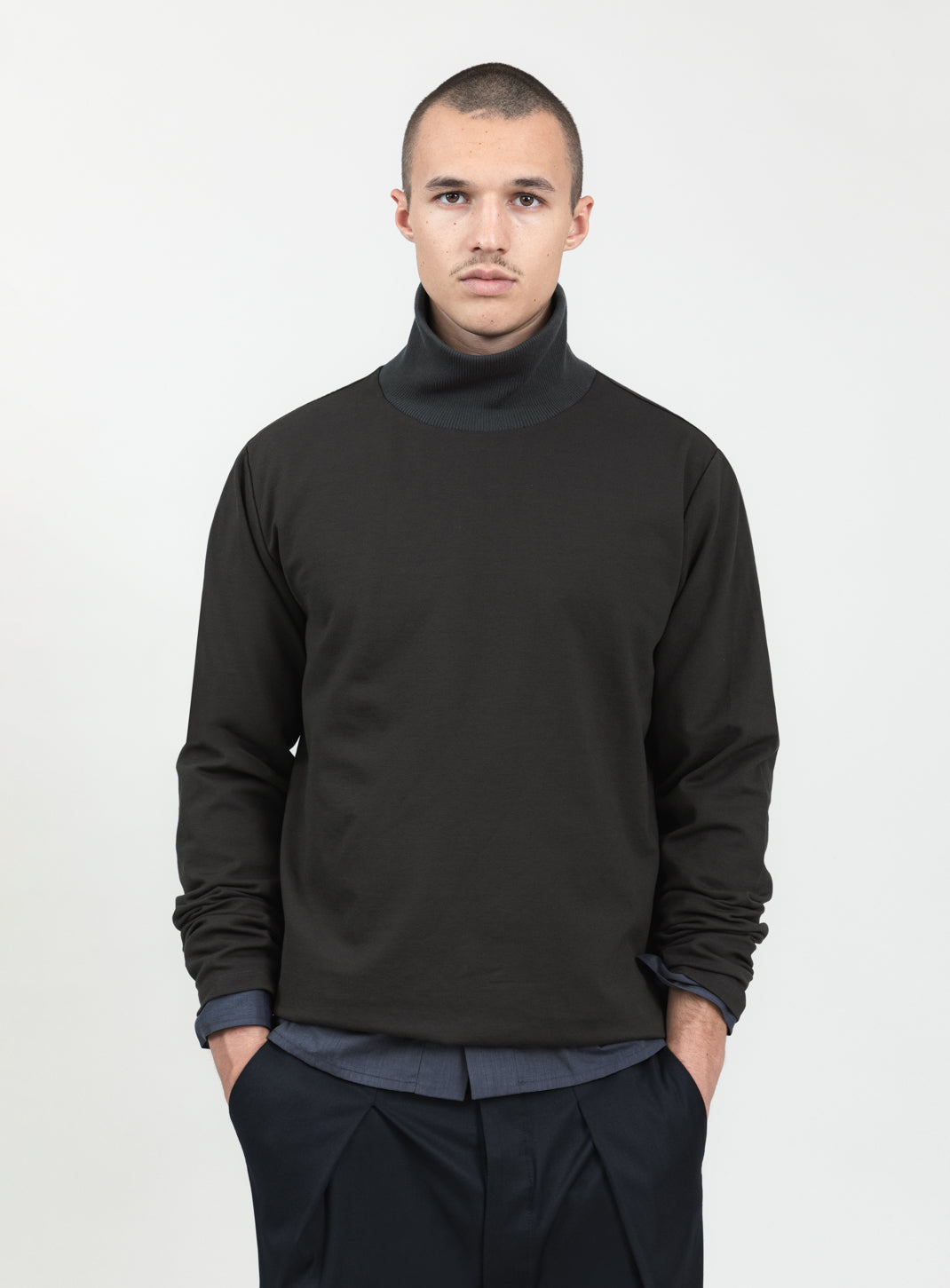 Ribbed High Neck Sweatshirt in Olive Technical Knit