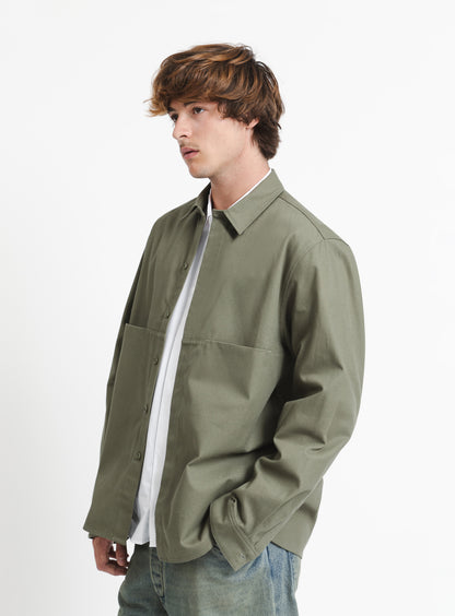 Overshirt with Front Cuts in Olive Canvas