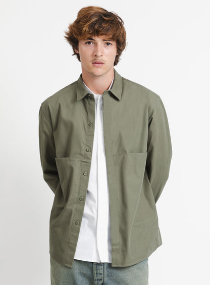 Overshirt with Front Cuts in Olive Canvas