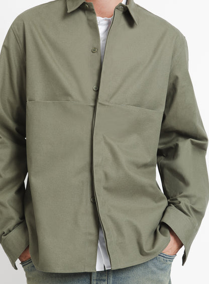 Overshirt with Front Cuts in Olive Canvas