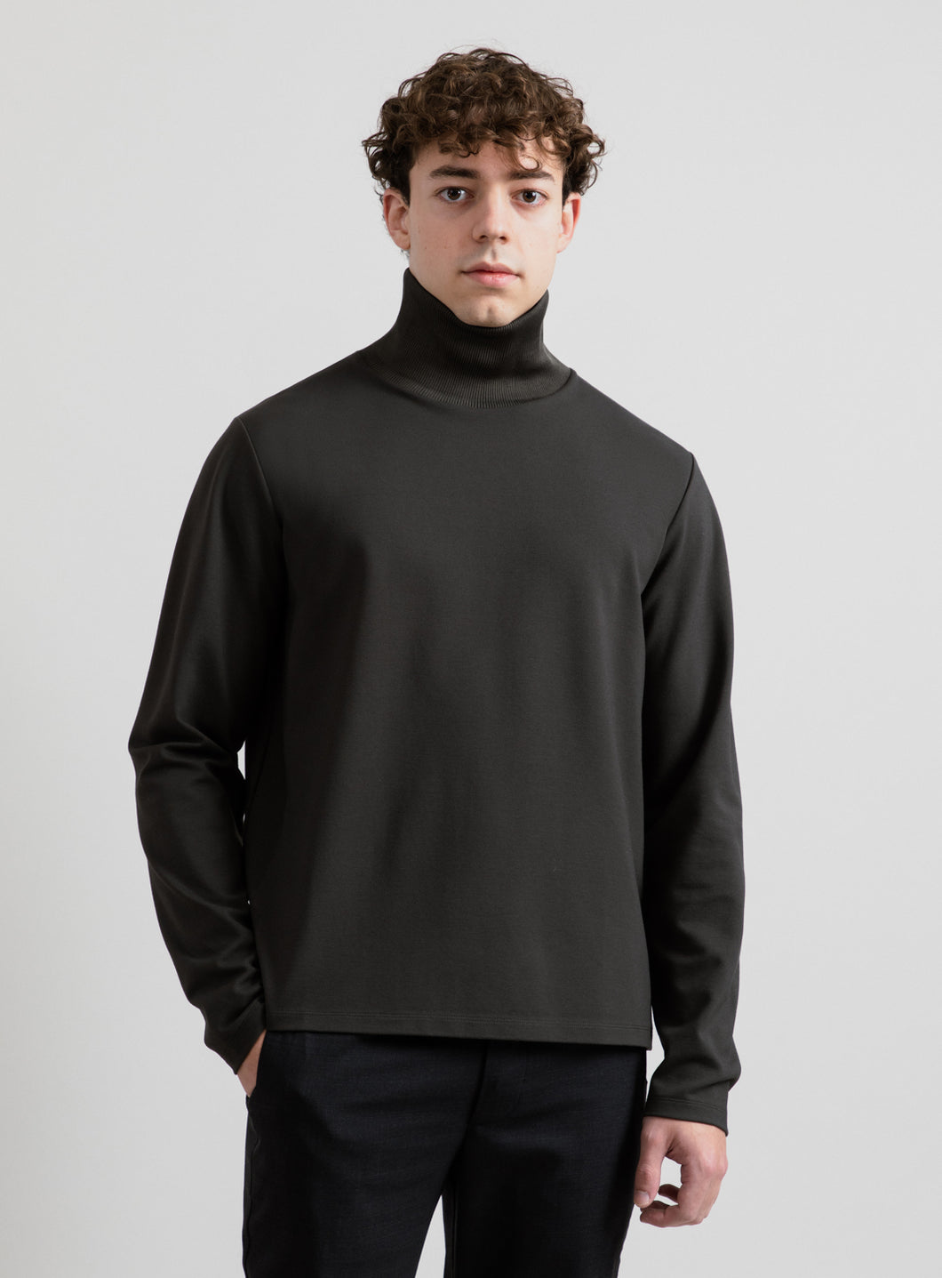 Ribbed High Neck Sweatshirt in Olive Technical Knit