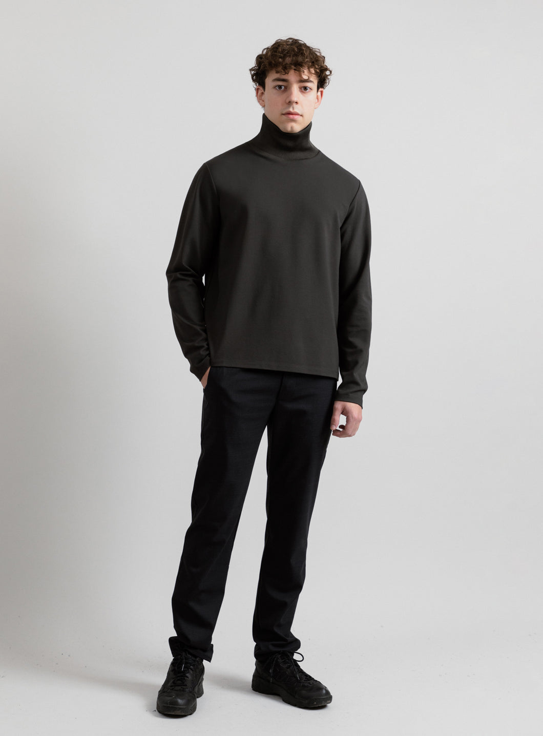 Ribbed High Neck Sweatshirt in Olive Technical Knit