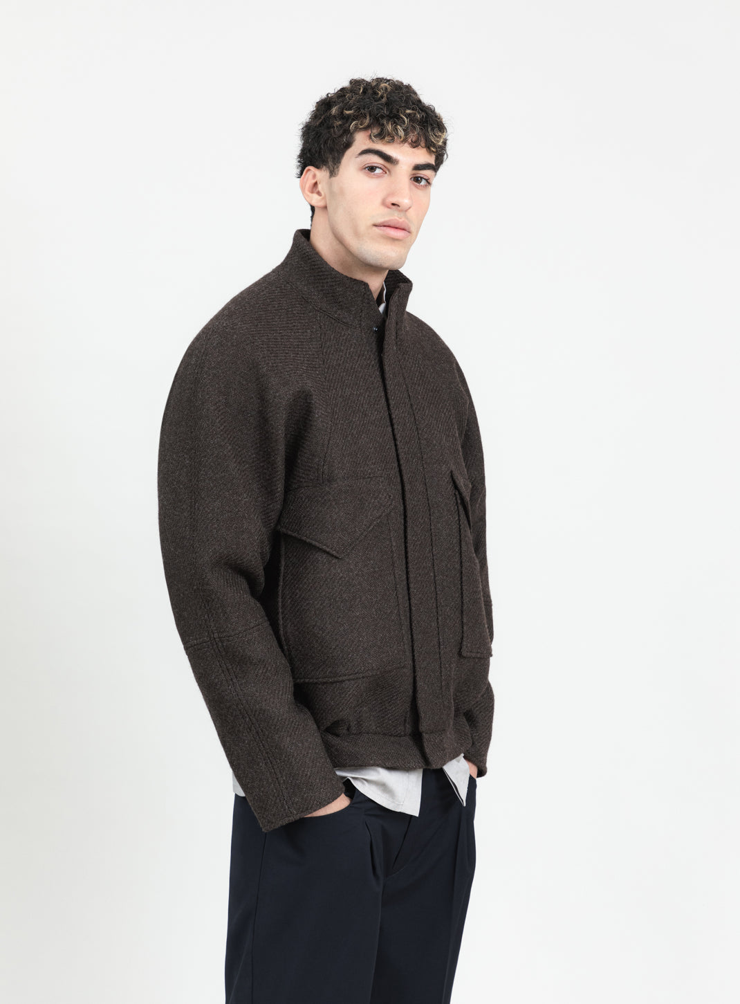 Bomber à Col Origami en 100% Laine d'Italie Olive Foncé