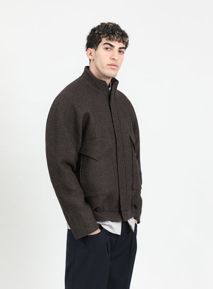 Bomber à Col Origami en 100% Laine d'Italie Olive Foncé