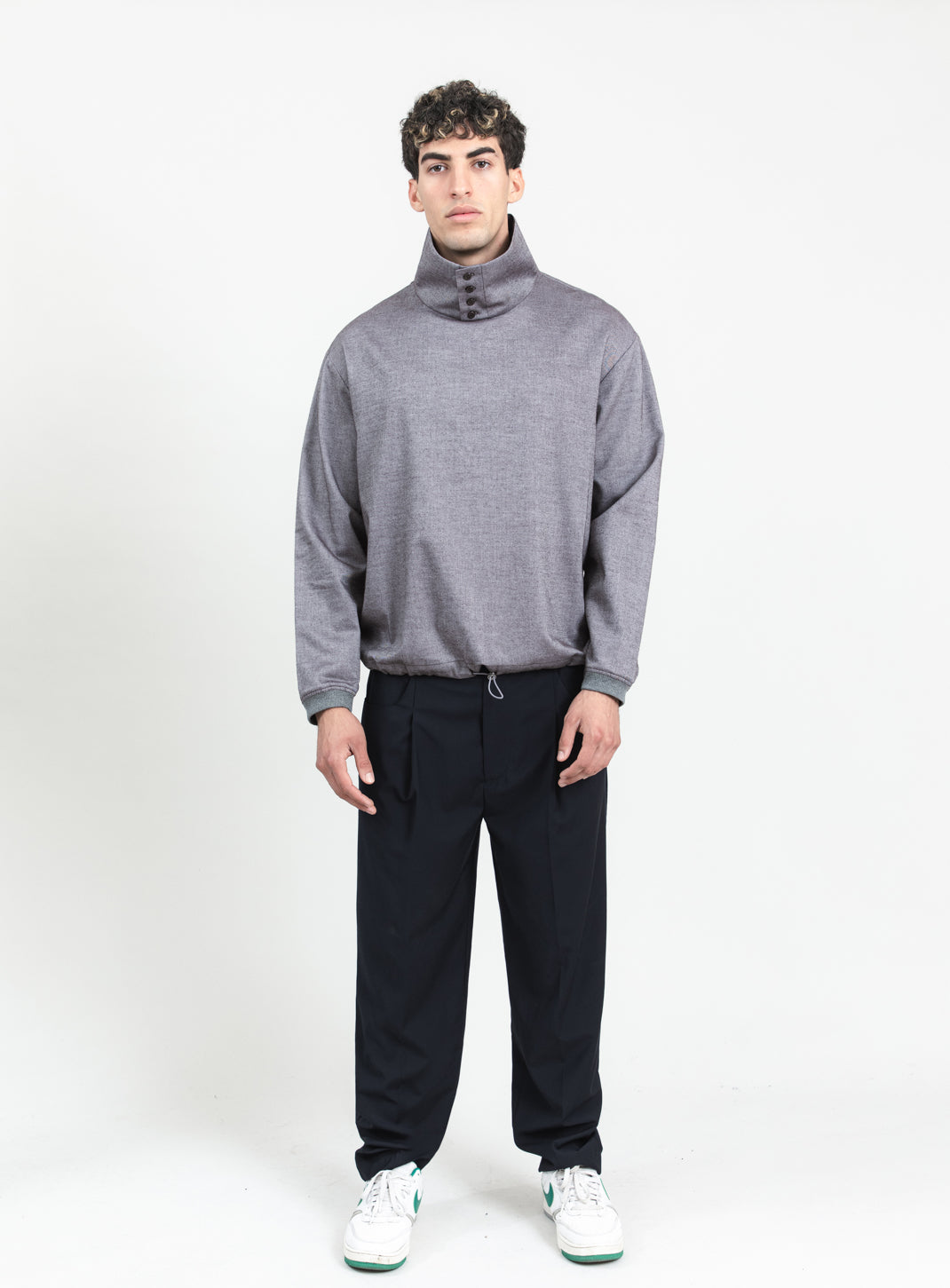 Sweat à Grand Col en Flanelle de Coton Gris Chaud