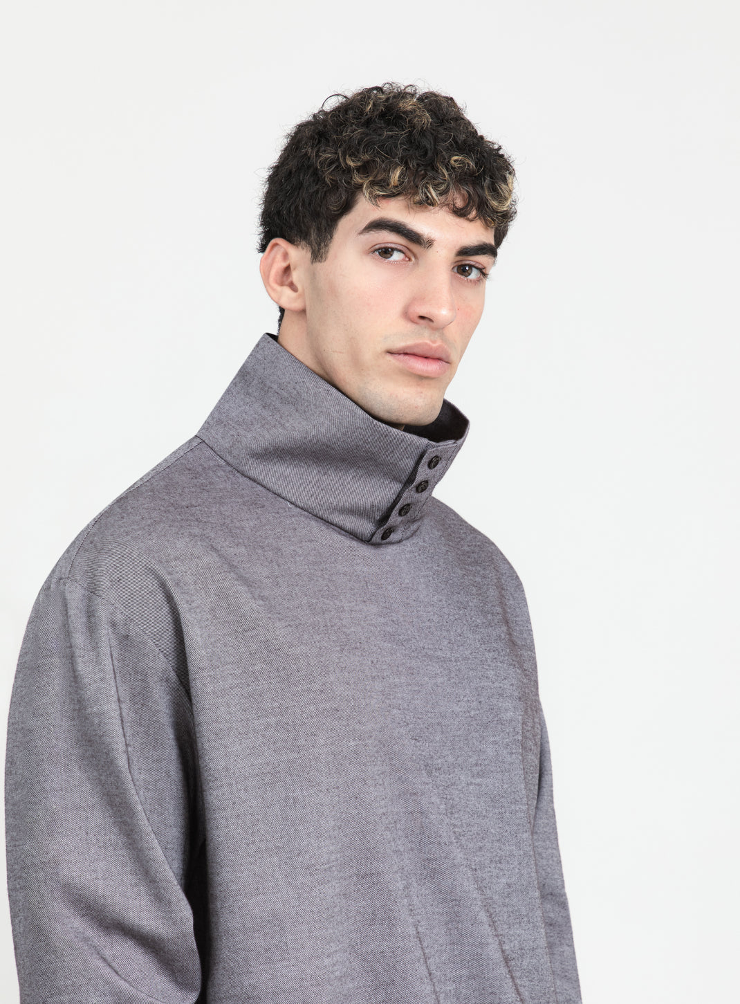 Sweat à Grand Col en Flanelle de Coton Gris Chaud