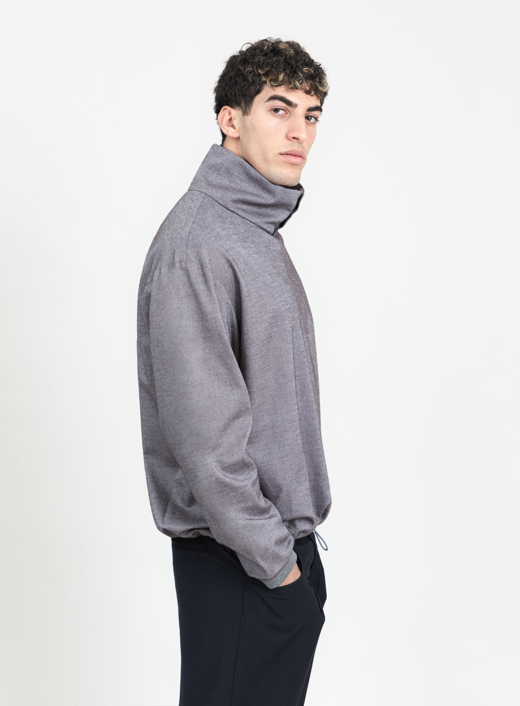 Sweat à Grand Col en Flanelle de Coton Gris Chaud