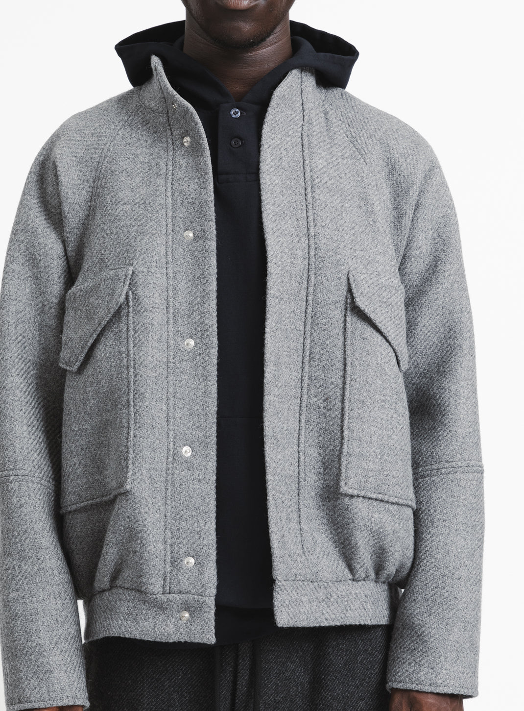 Bomber Jacket with Origami Collar in Light Grey Italian Wool