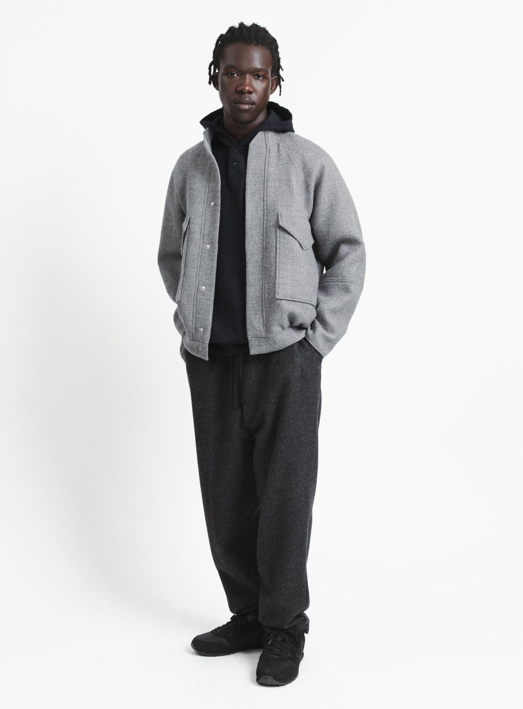Bomber Jacket with Origami Collar in Light Grey Italian Wool