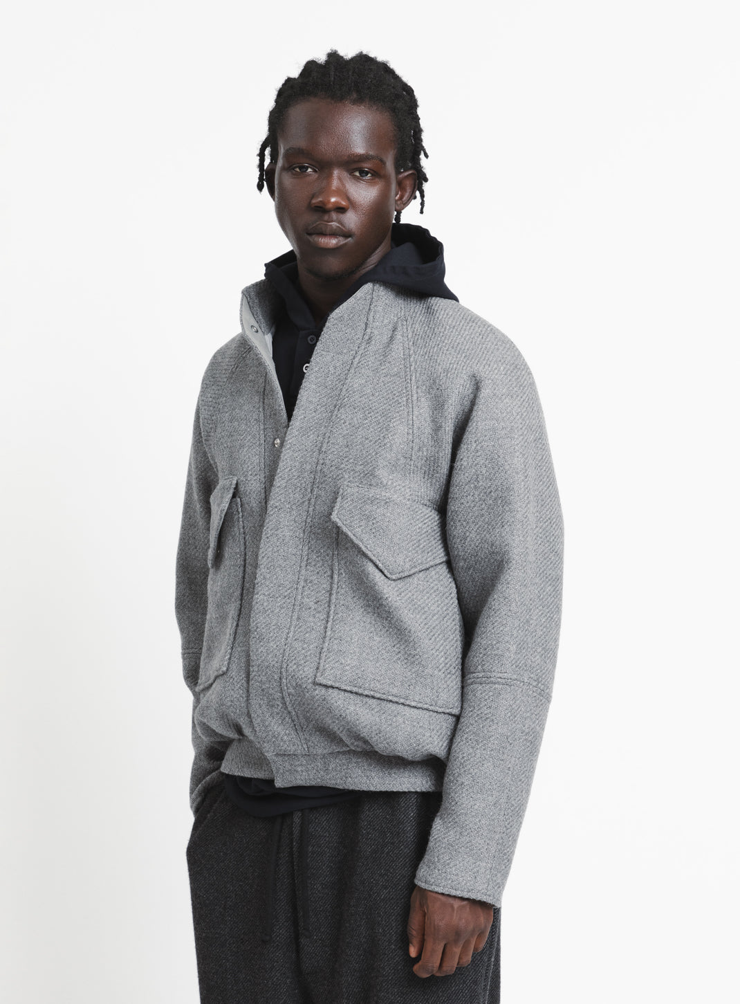 Bomber Jacket with Origami Collar in Light Grey Italian Wool