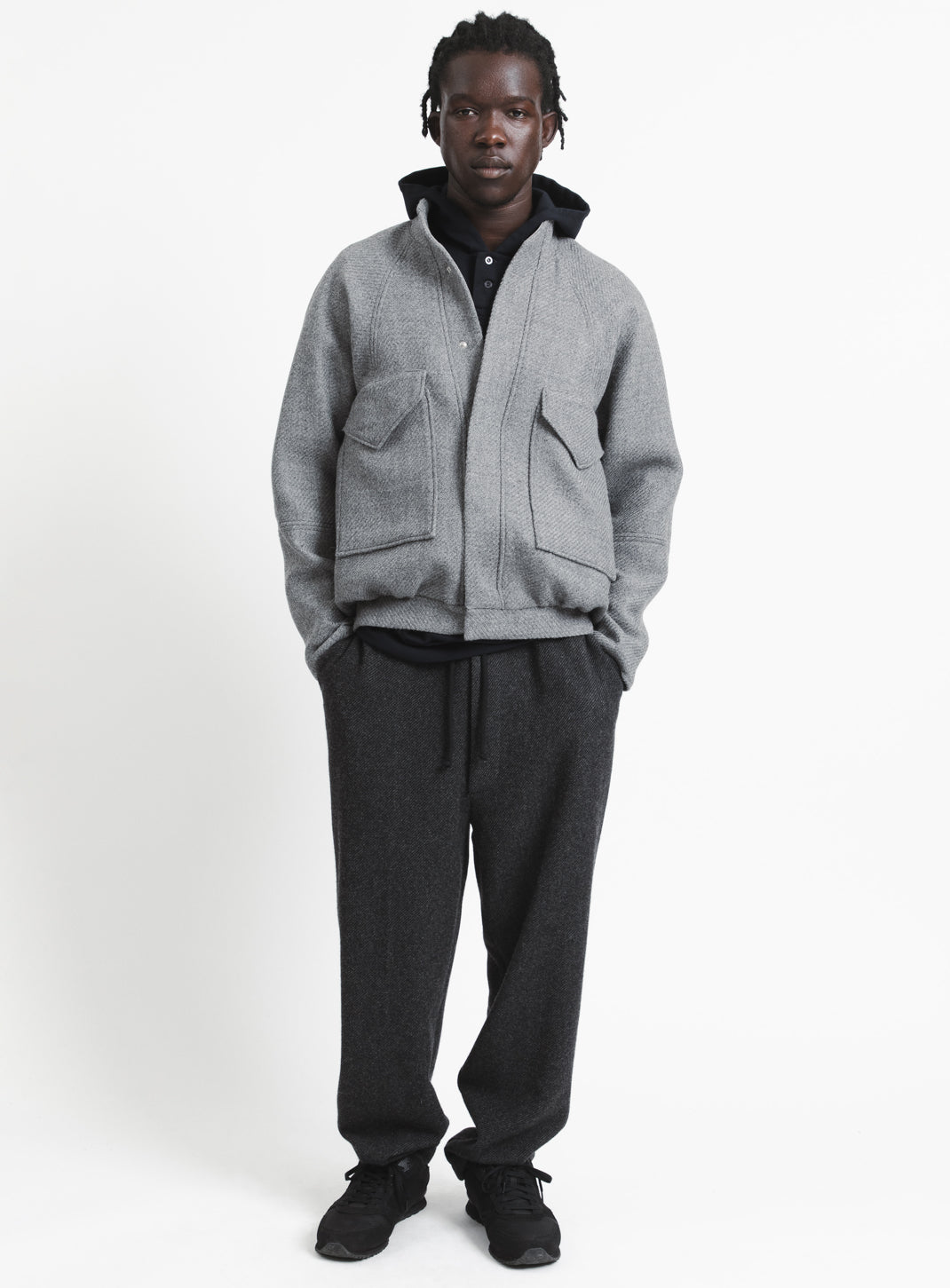 Bomber Jacket with Origami Collar in Light Grey Italian Wool