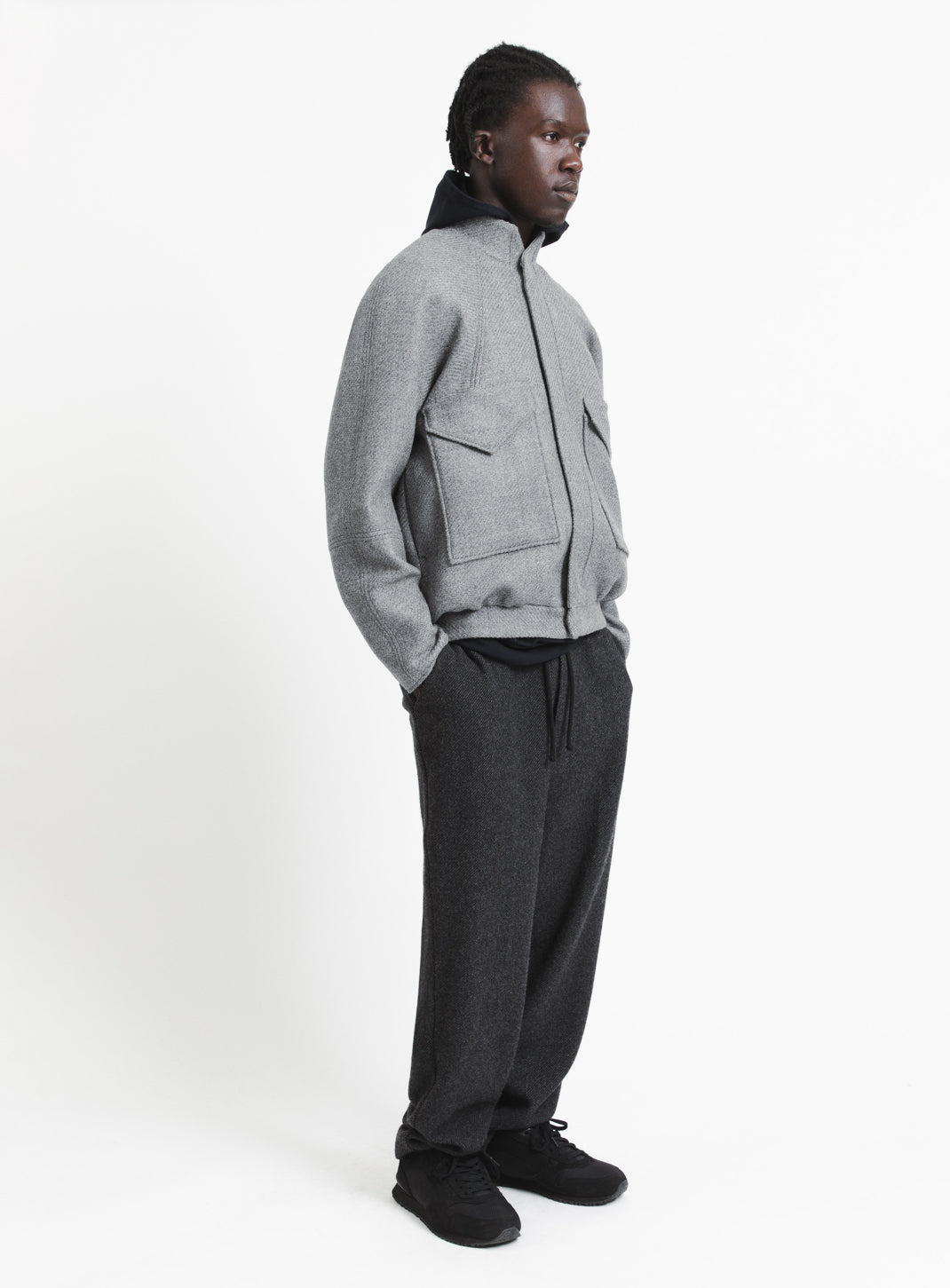 Bomber Jacket with Origami Collar in Light Grey Italian Wool