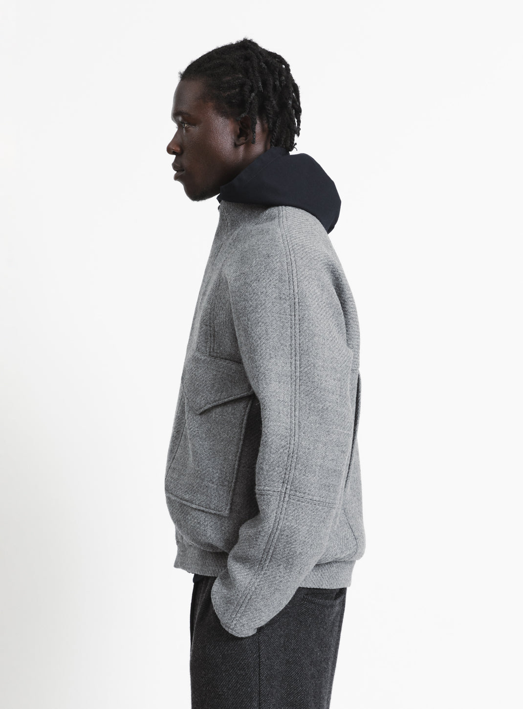 Bomber Jacket with Origami Collar in Light Grey Italian Wool