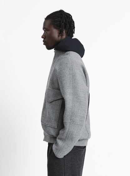 Bomber Jacket with Origami Collar in Light Grey Italian Wool