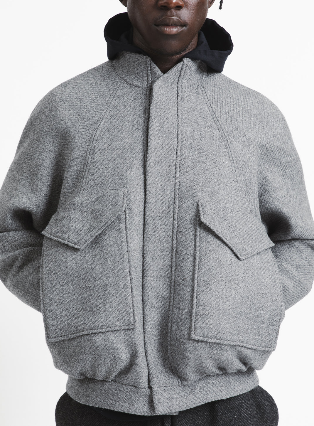 Bomber Jacket with Origami Collar in Light Grey Italian Wool