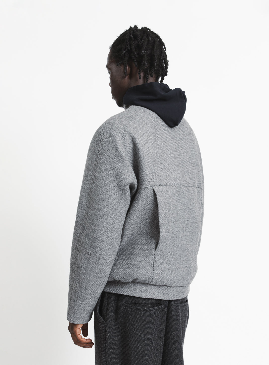 Bomber Jacket with Origami Collar in Light Grey Italian Wool