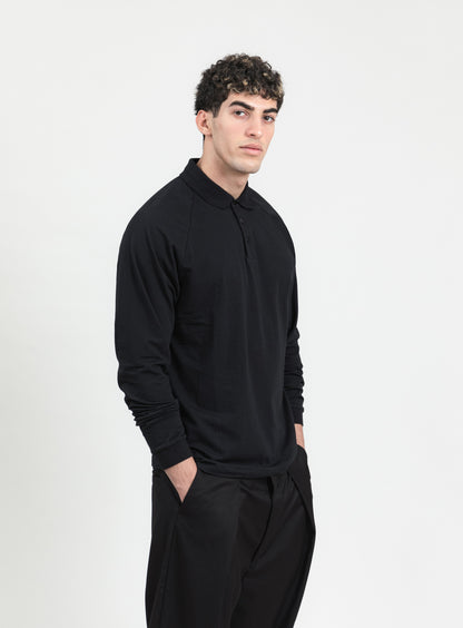 Polo Sweatshirt in Black Cotton & Elastane