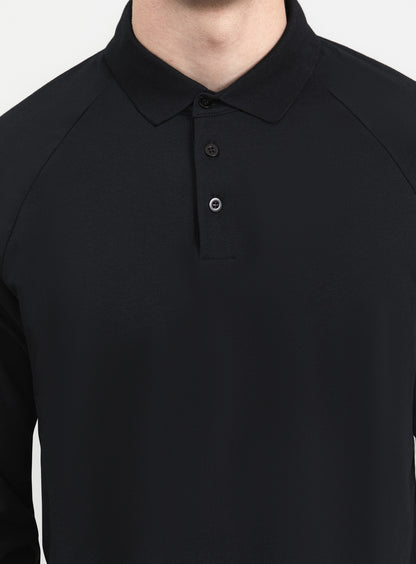 Polo Sweatshirt in Black Cotton & Elastane