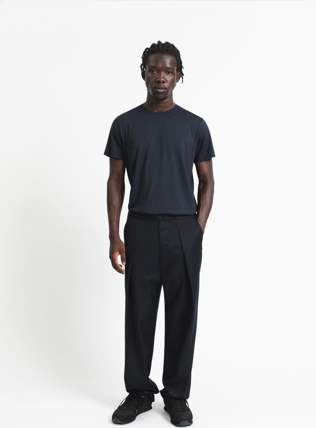 Elastic Waist Pants with Deep Pleats in Navy Blue Serge