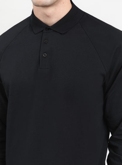 Polo Sweatshirt in Black Cotton & Elastane