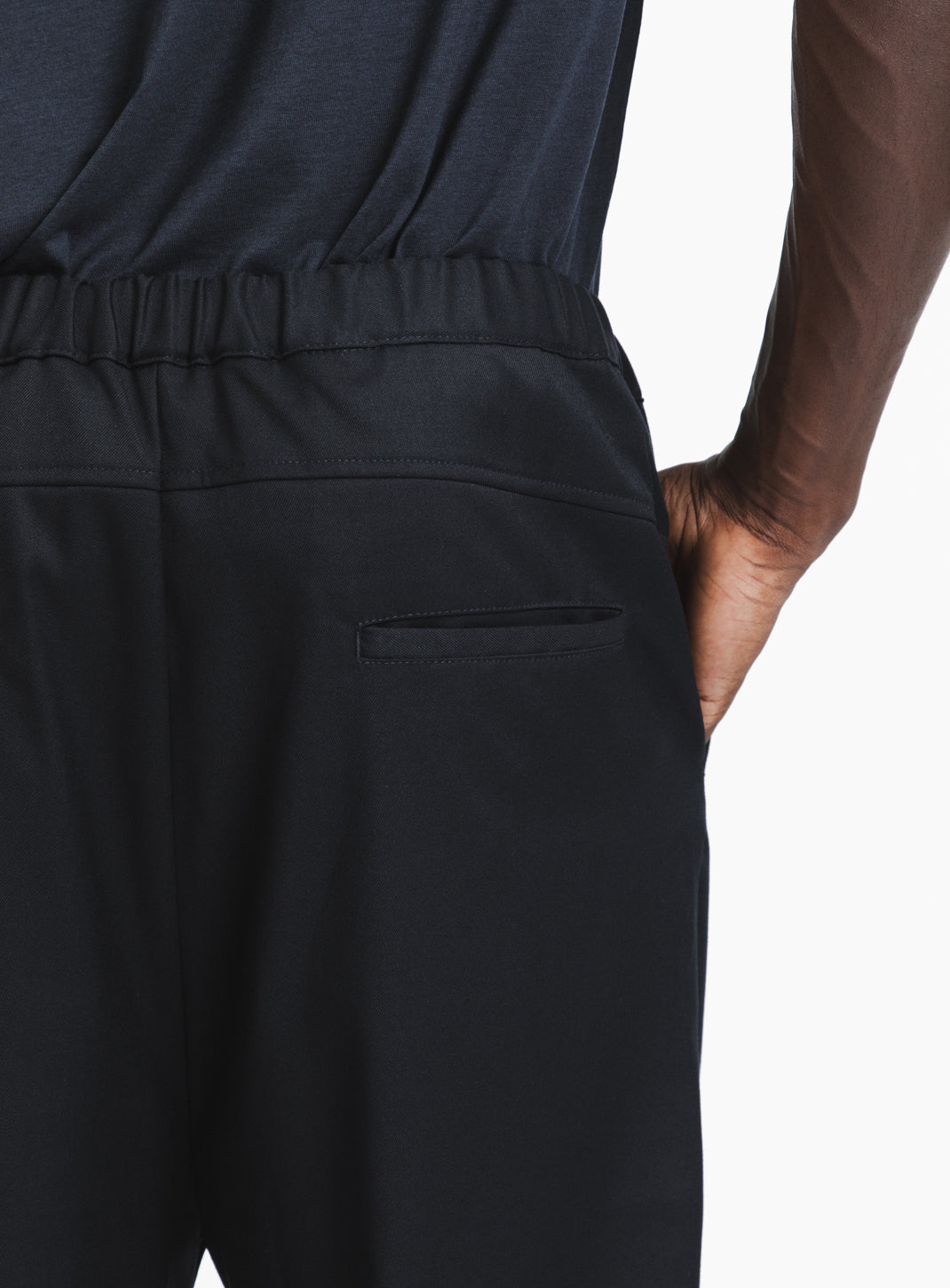 Elastic Waist Pants with Deep Pleats in Navy Blue Serge