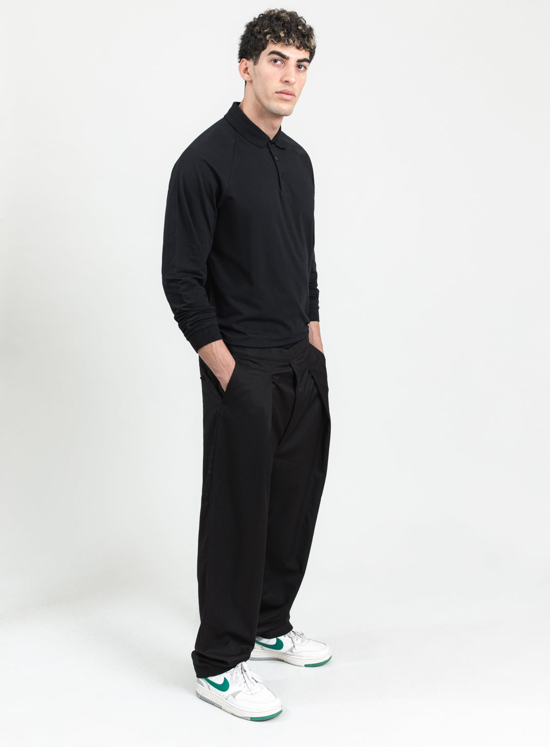Polo Sweatshirt in Black Cotton & Elastane