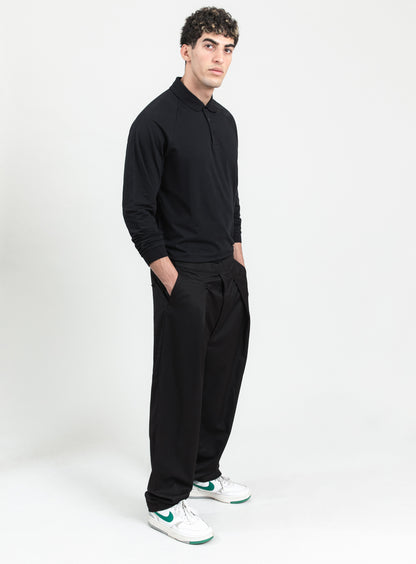 Polo Sweatshirt in Black Cotton & Elastane