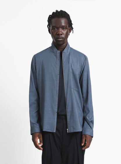 Zipped Double Collar Overshirt in Light Blue Twill