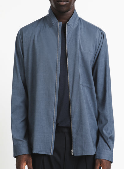 Zipped Double Collar Overshirt in Light Blue Twill
